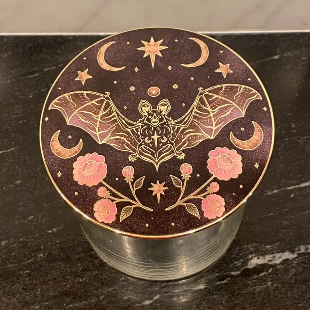 Celestial Stash Jar Clear Glass Painted Metal Lid with a Black Bat & Moon Stars